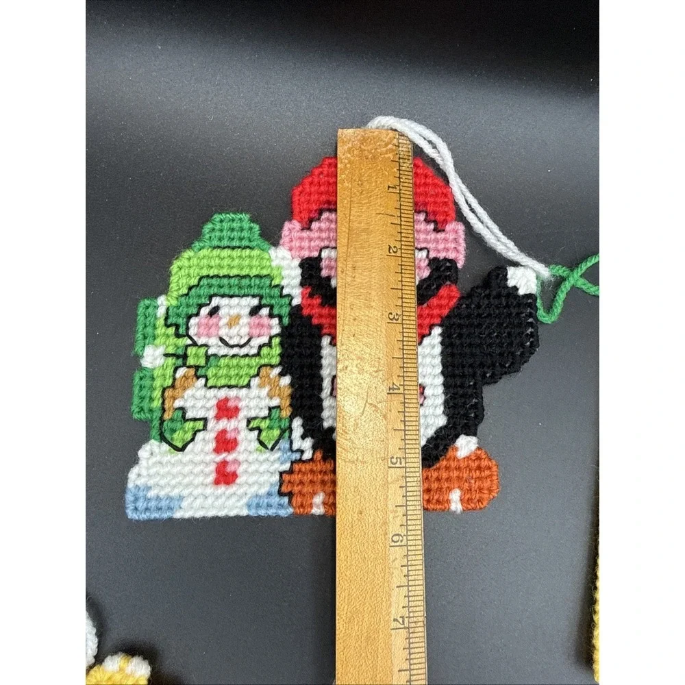 Lot of 8 Plastic Canvas Ornaments Christmas Penguin Snowman Cottage